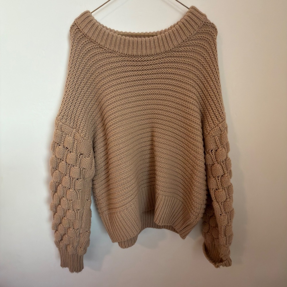 Elodie Women Tan Beige Bubble Puff Sleeve Chunky‎ Knit Sweater Large